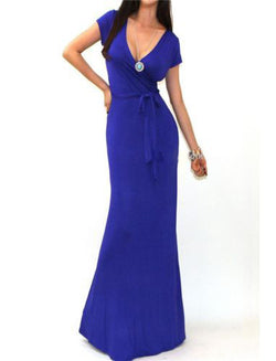Slim V-neck Short Sleeve Floor Length Long Dress