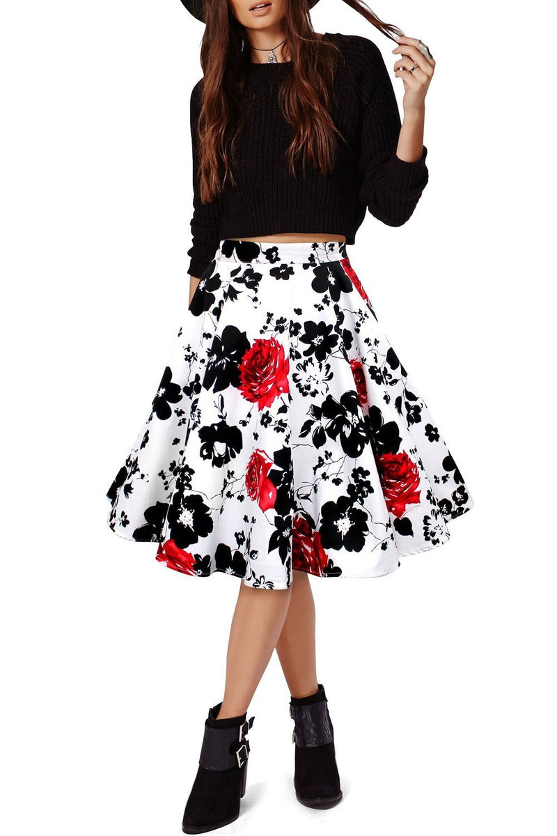 Flower Print A-line Flared Pleated High Waist Knee-length Skirt - Meet Yours Fashion - 2