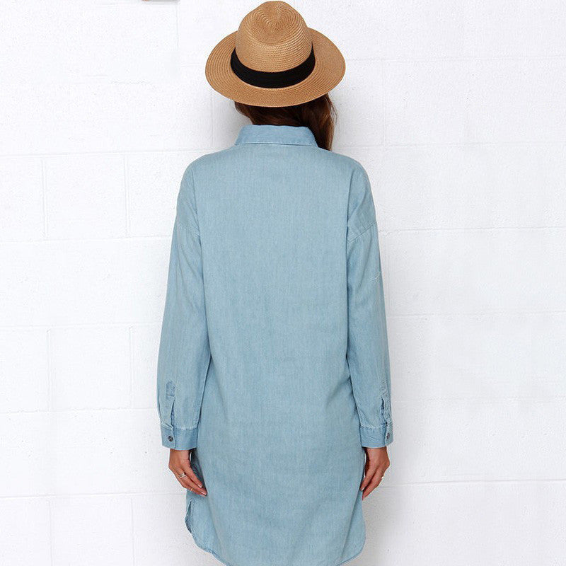 Side Split Turn Down Collar Cowboy Denim Dress - May Your Fashion - 4