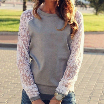 Lace Splicing Scoop Pullover Loose Long Sleeve T-shirt