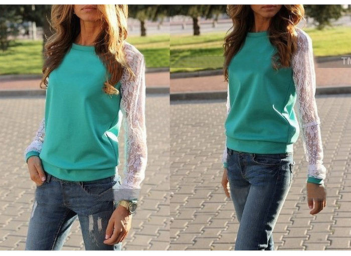 Lace Splicing Scoop Pullover Loose Long Sleeve T-shirt