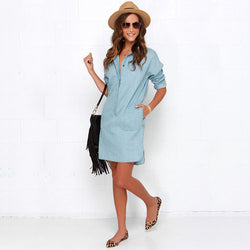 Side Split Turn Down Collar Cowboy Denim Dress - May Your Fashion - 5