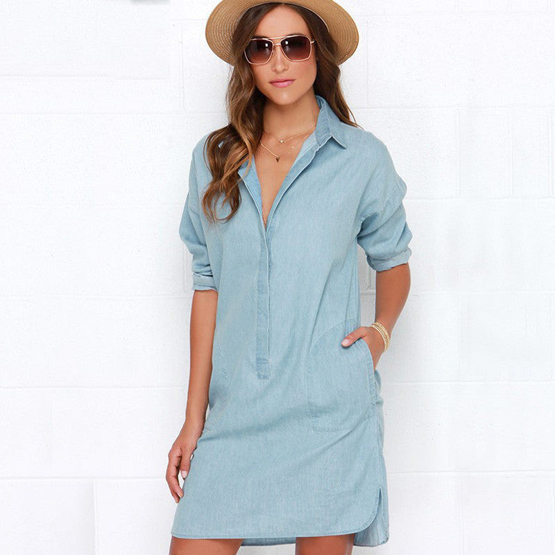 Side Split Turn Down Collar Cowboy Denim Dress - May Your Fashion - 2