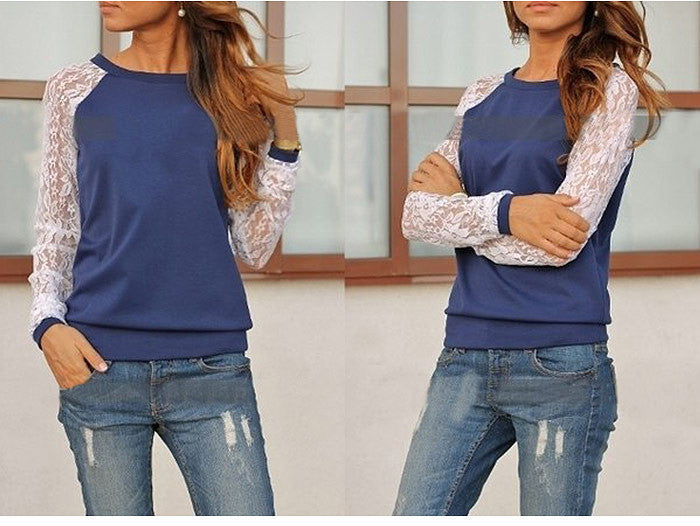 Lace Splicing Scoop Pullover Loose Long Sleeve T-shirt
