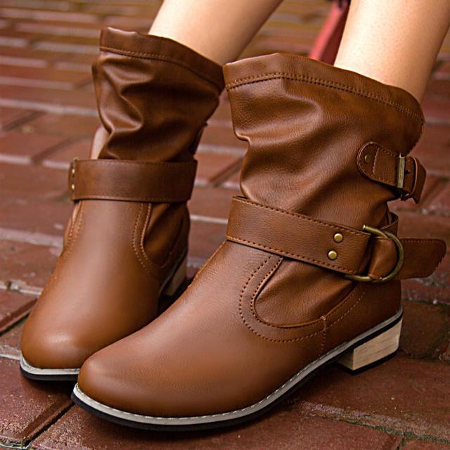 Buckle Belt Square-Heeled Short Motor Boots