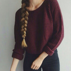 Wine Red Solid Color Knit Pullover Sweater - May Your Fashion - 2