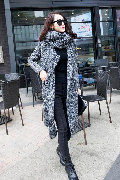 Long Sleeves Pure Color High Neck Long Cardigan