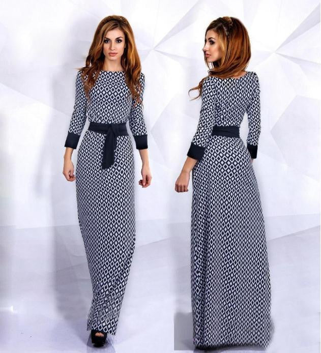 Scoop Long Sleeves Plaid Flower Print Evening Musilm Gown Dress