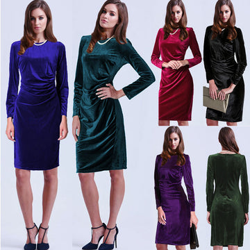 Fashion Velvet Scoop Long Sleeve Knee-Length Dress