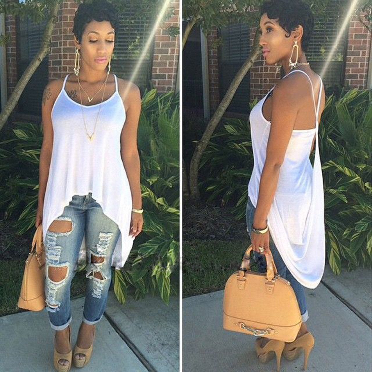 Scoop Spaghetti Strap Irregular Pure Color Blouse - Meet Yours Fashion - 5