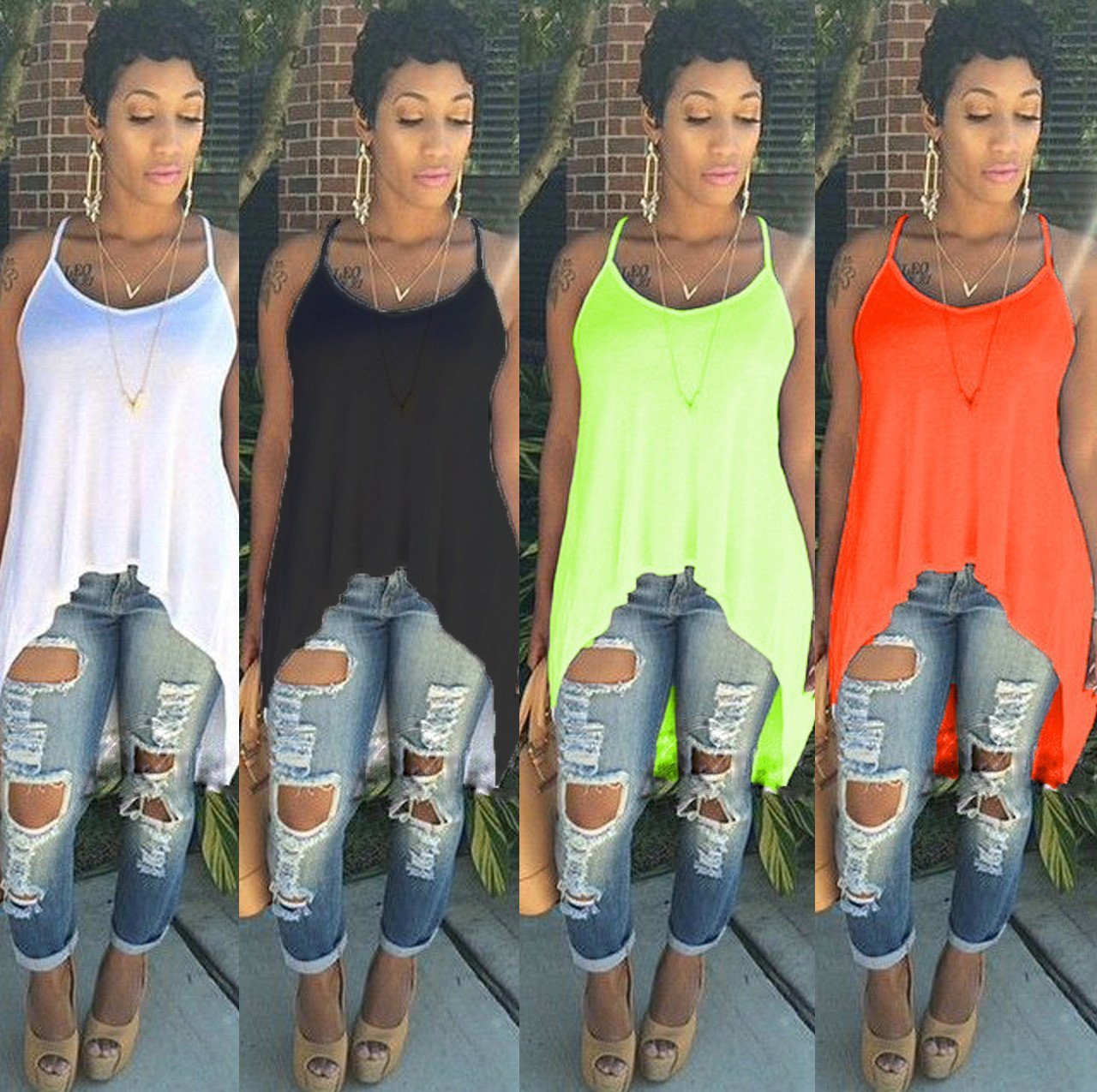 Scoop Spaghetti Strap Irregular Pure Color Blouse - Meet Yours Fashion - 3