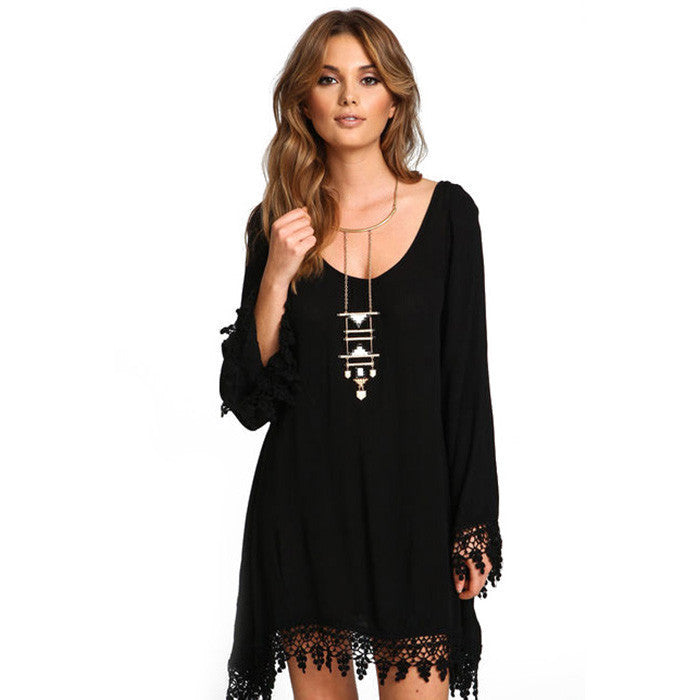 Plus Size Long Sleeve Tassel Black Short Dress