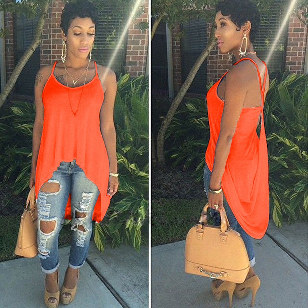Scoop Spaghetti Strap Irregular Pure Color Blouse - Meet Yours Fashion - 6