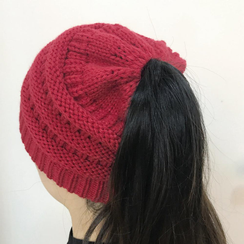 Women's Winter Outdoor Warm Wool Hat Empty Top Horsetail Knitted Hat