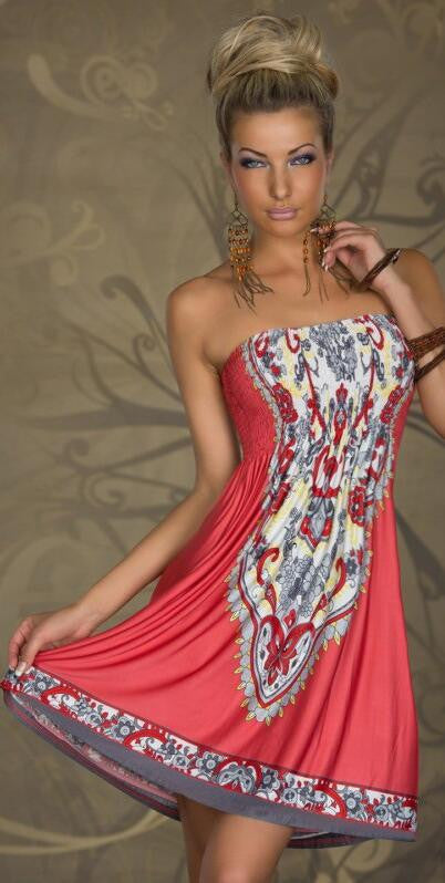 Sexy Strapless Floral Print Pleated Short Beach Dress