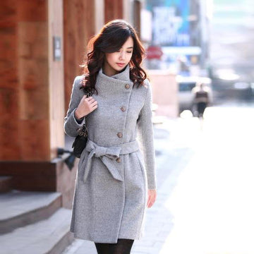 Free Shipping Slim Bowknot Sash Worsted Trench Coat