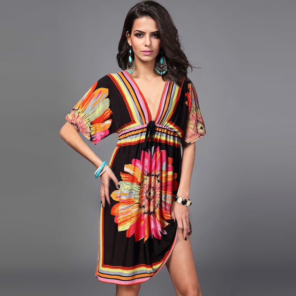 Plus Size Floral Print V Neck Draw String Beach Dress