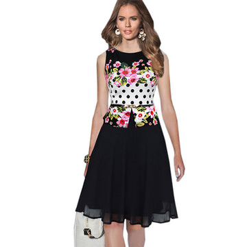 Chiffon Print O-neck Sleeveless Knee-length Dress