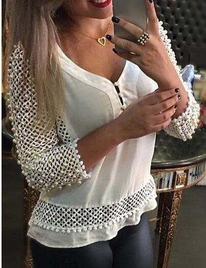 V-neck Mesh Holes Pure Color Button Slim Patchwork Long Sleeves Blouse