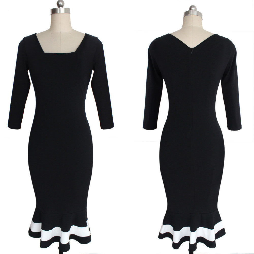 Square Collar 3/4 Sleeves Mermaid Patchwork Knee-length Dress