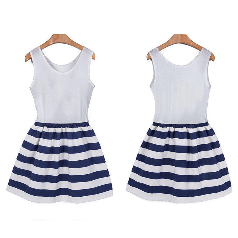 Splicing Stripe O-neck Sleeveless Short Dress
