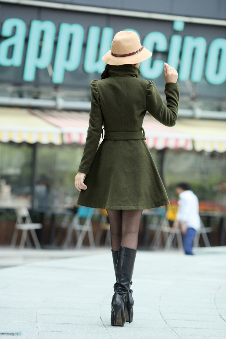 High Neck Long Sleeves Button Wool Dress Coat With Belt