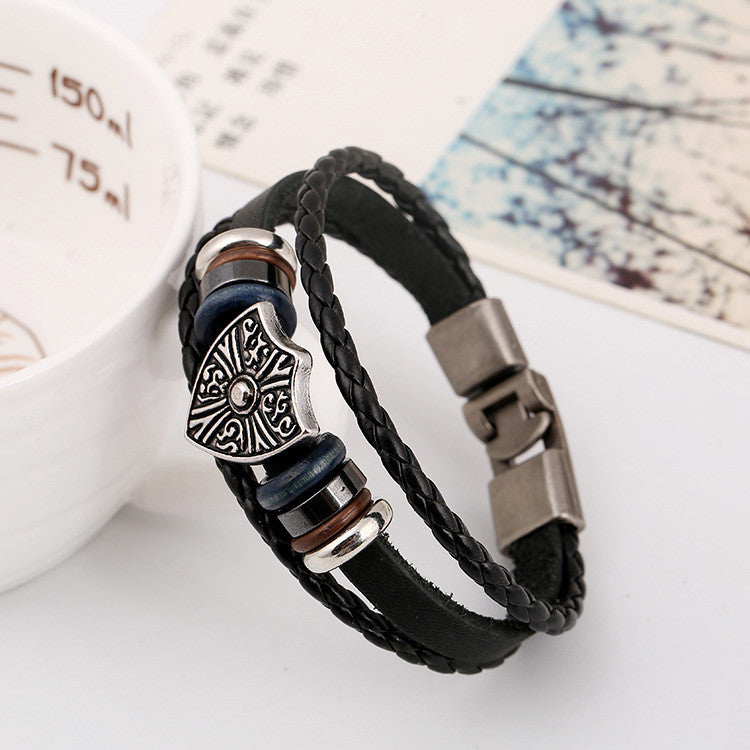 Retro Shield Woven Leather Bracelet