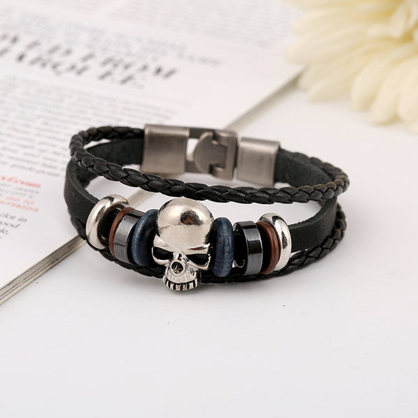 Beaded Skull Woven Leather Bracelet