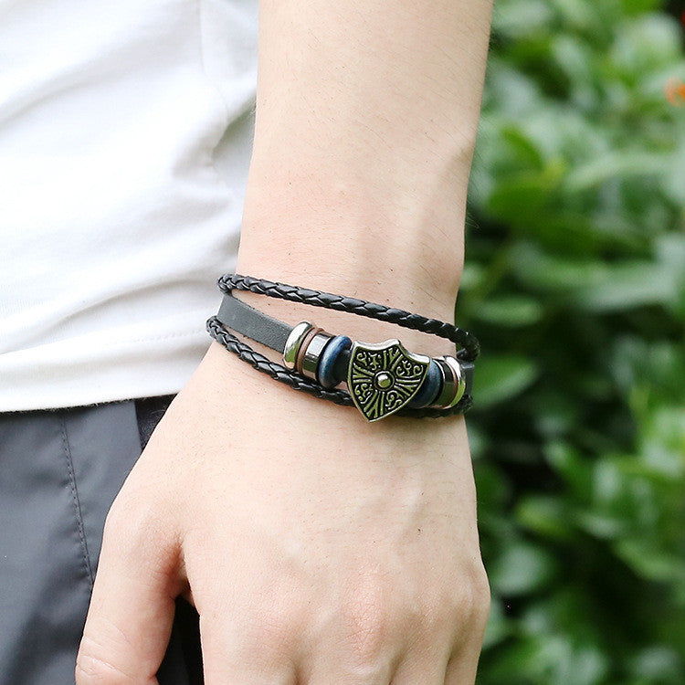 Retro Shield Woven Leather Bracelet