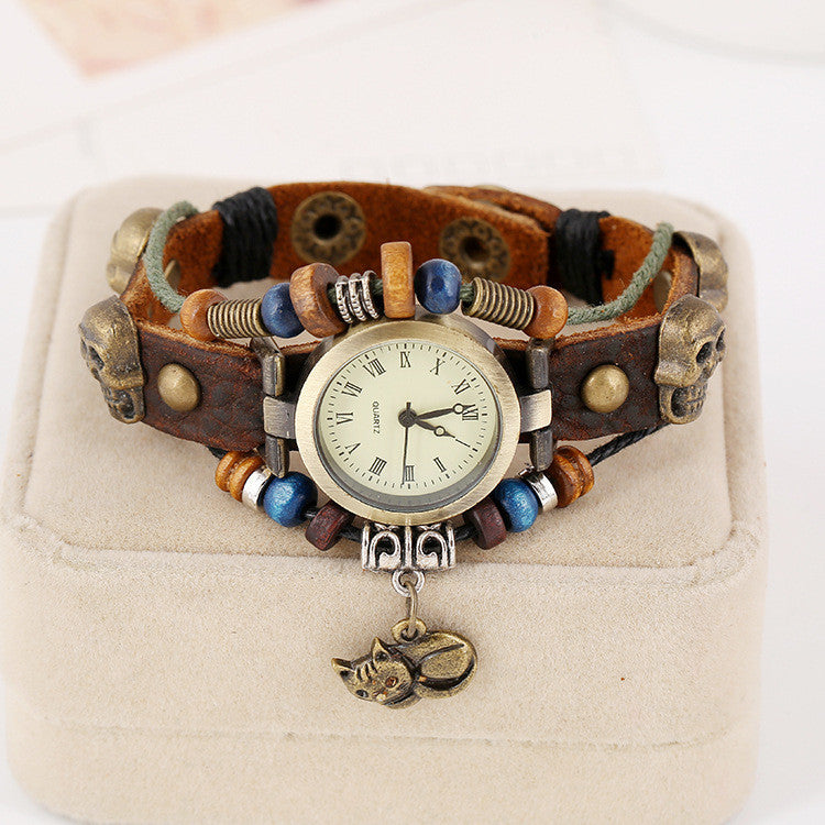 Punk Beaded Skull Cat Watch