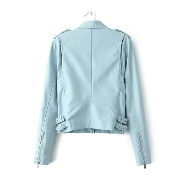 Lapel Zipper Rivet Pockets Crop PU Jacket - May Your Fashion - 6