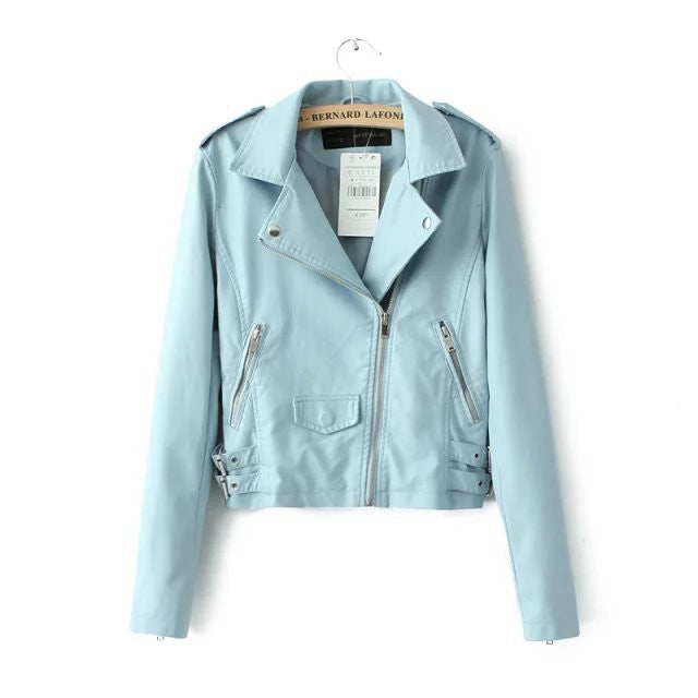 Lapel Zipper Rivet Pockets Crop PU Jacket - May Your Fashion - 3
