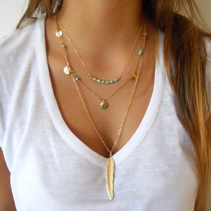 Street Snap Feather Tassels Sequins Multilayer Necklace