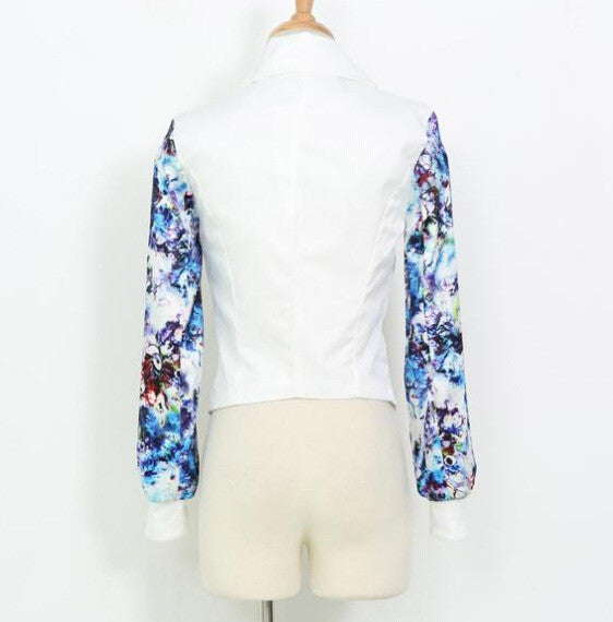 Flower Print Patchwork Zipper Turn-down Collar Short Coat