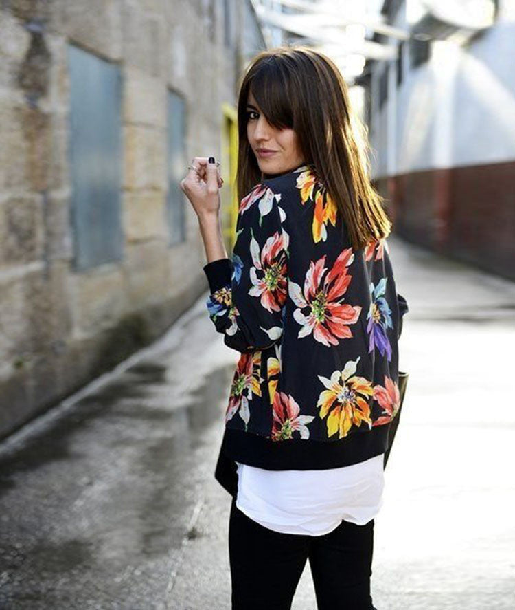 Scoop Zipper Print Long Sleeve Slim Short Coat - May Your Fashion - 4