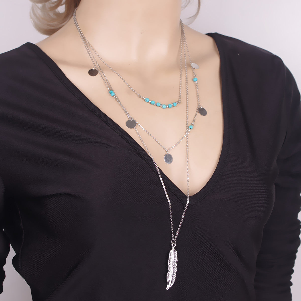 Street Snap Feather Tassels Sequins Multilayer Necklace