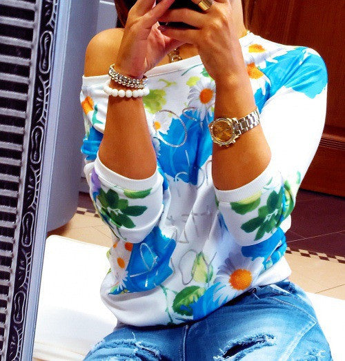 Scoop Flower Print 3/4 Sleeves Casual Sweatshirt