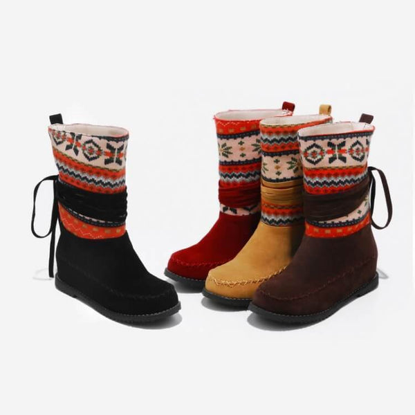 Flat Suede Round Toe Ethnic Trend Calf Boots