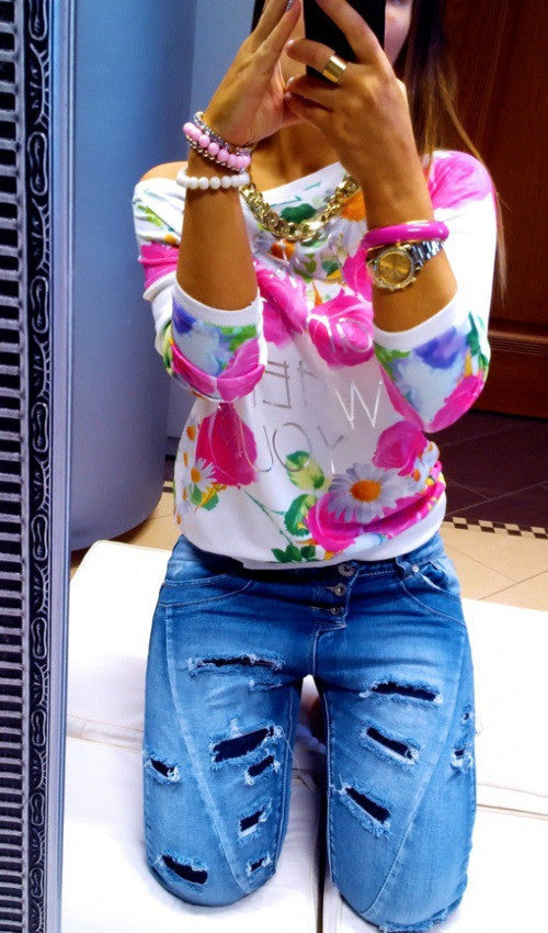 Scoop Flower Print 3/4 Sleeves Casual Sweatshirt
