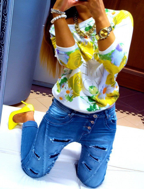 Scoop Flower Print 3/4 Sleeves Casual Sweatshirt