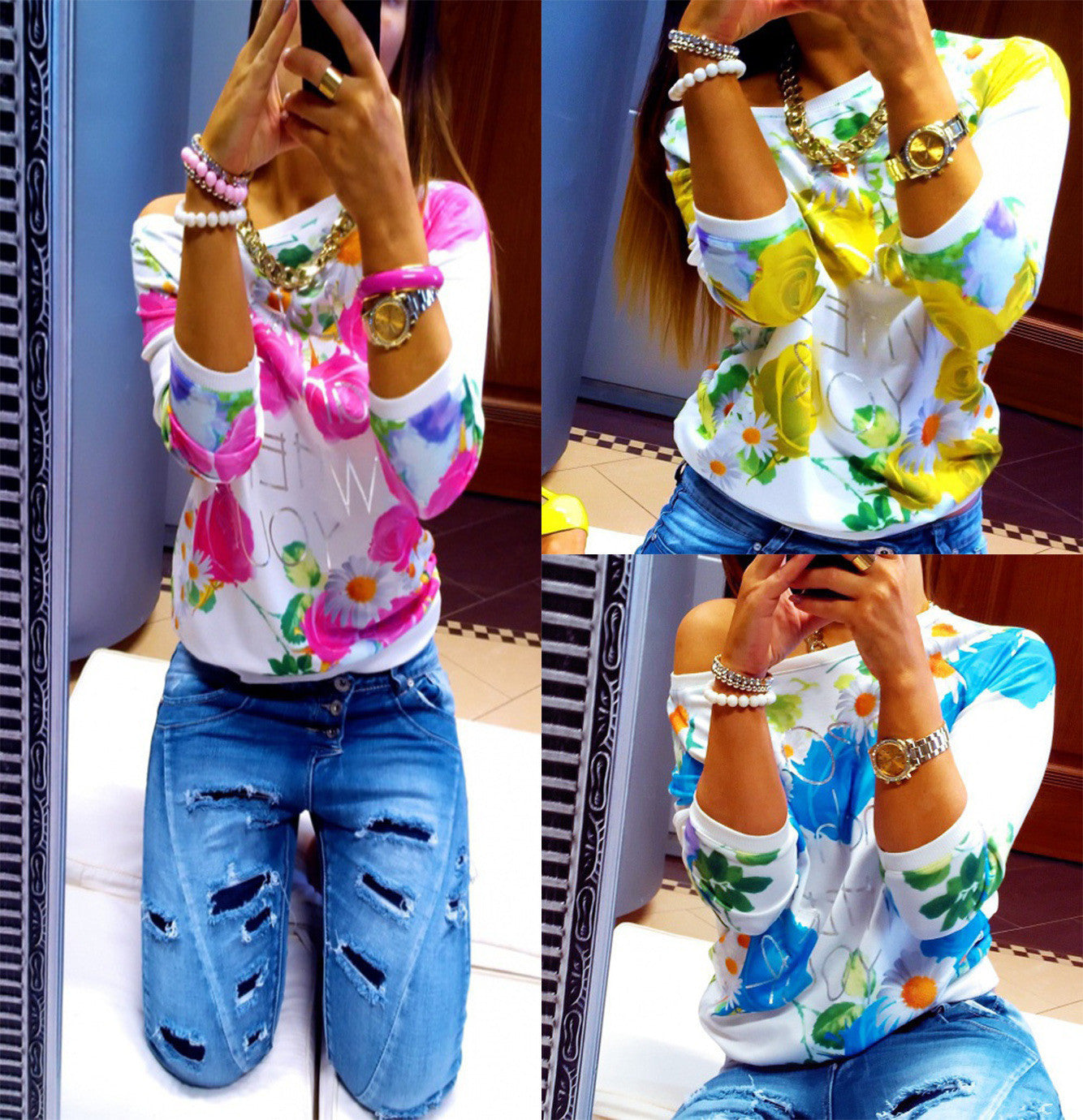 Scoop Flower Print 3/4 Sleeves Casual Sweatshirt