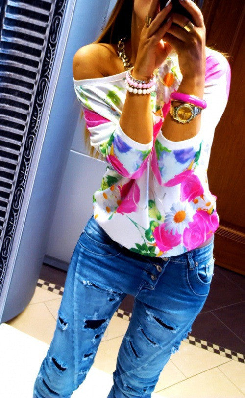 Scoop Flower Print 3/4 Sleeves Casual Sweatshirt
