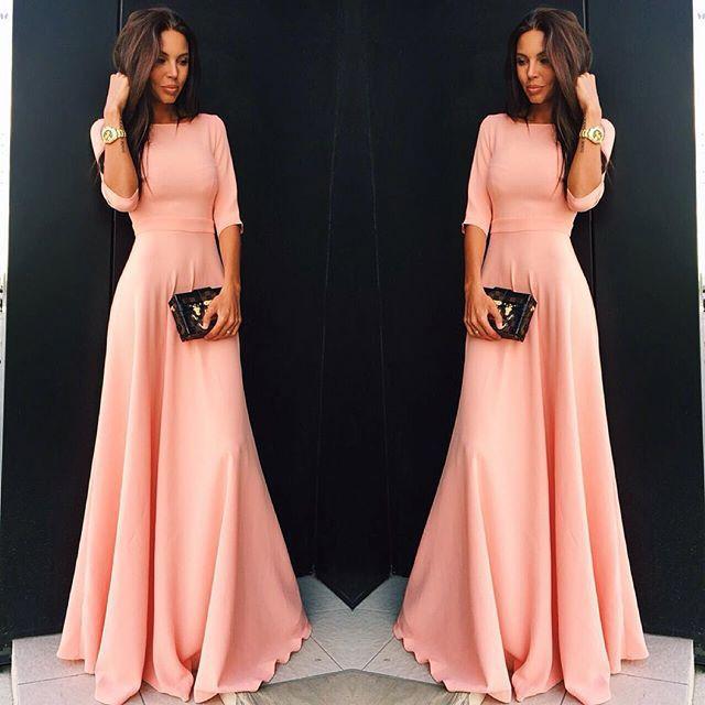 Slim Pure Color 3/4 Sleeves Pleated Long Maxi Dress - MeetYoursFashion - 3
