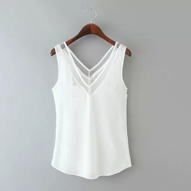 V-neck Sleeveless Gauze Patchwork Chiffon Sexy Blouse
