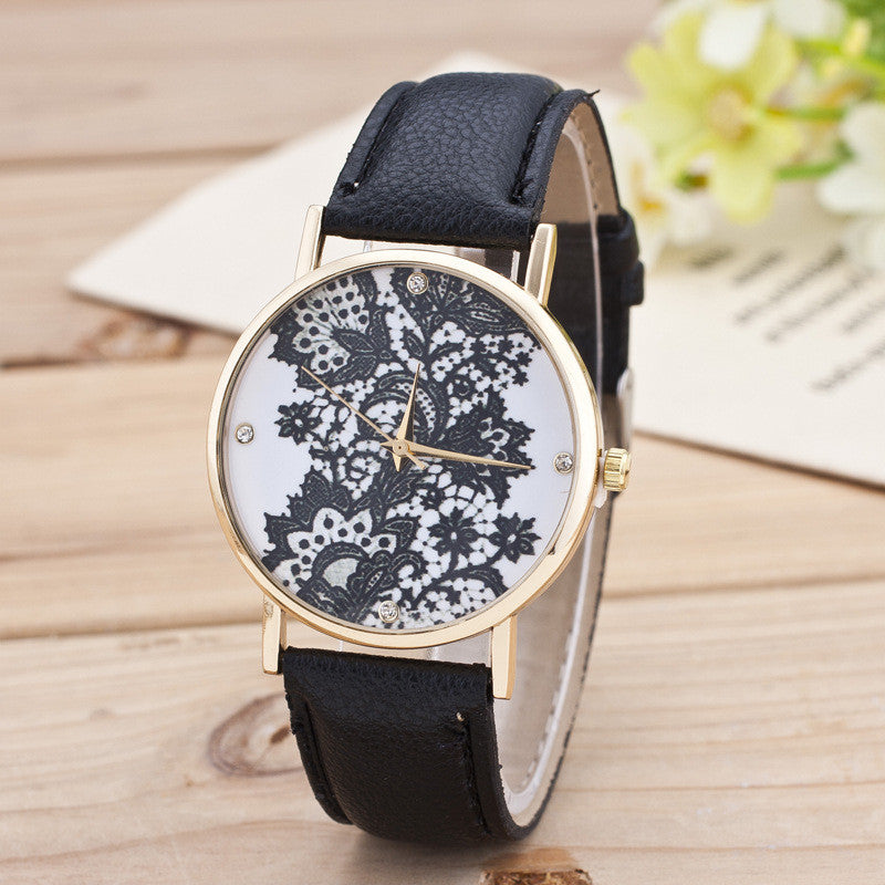 Black Floral Print Watch