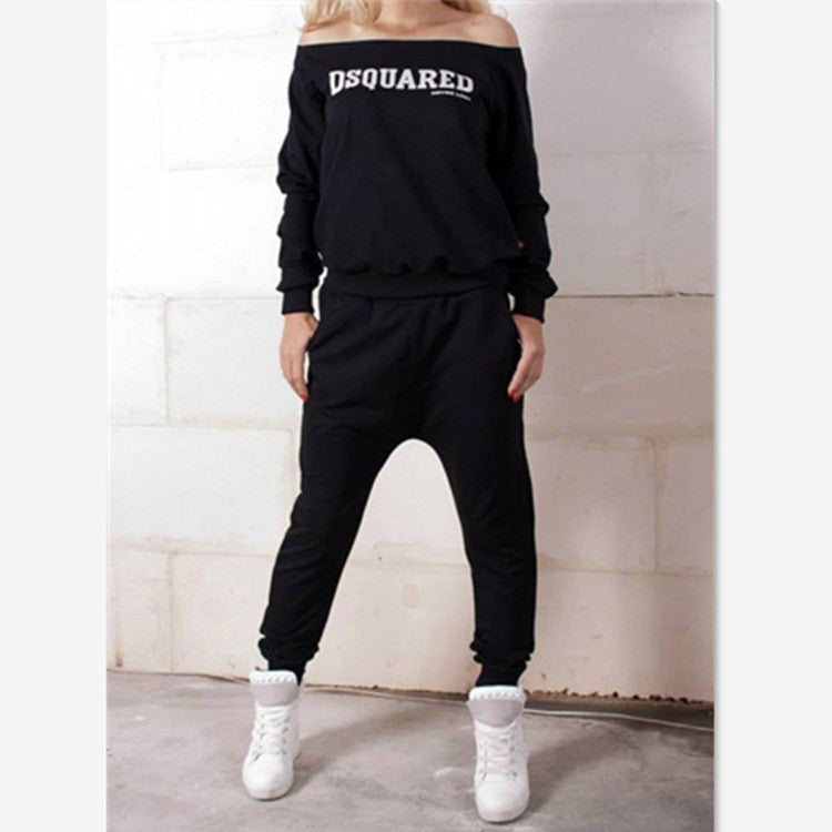 Off-shoulder Flower Print T-shirt Low crotch Pant Activewear Set