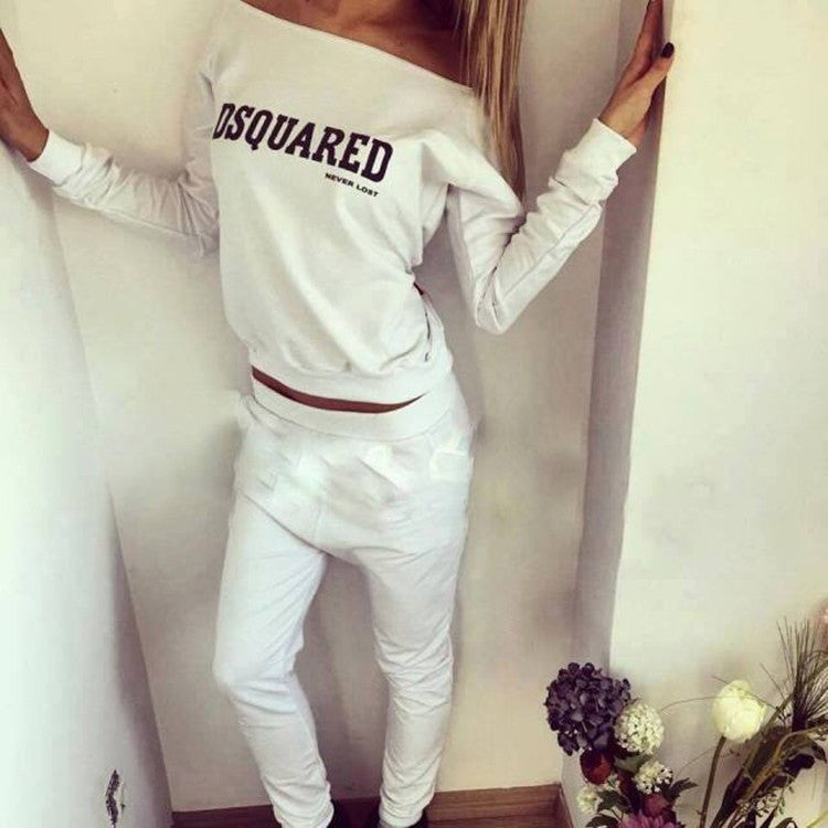 Off-shoulder Flower Print T-shirt Low crotch Pant Activewear Set