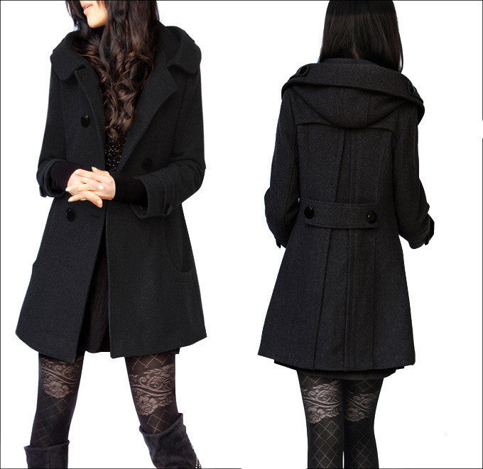 Woolen Double Button Hooded Slim Long Coats - May Your Fashion - 2