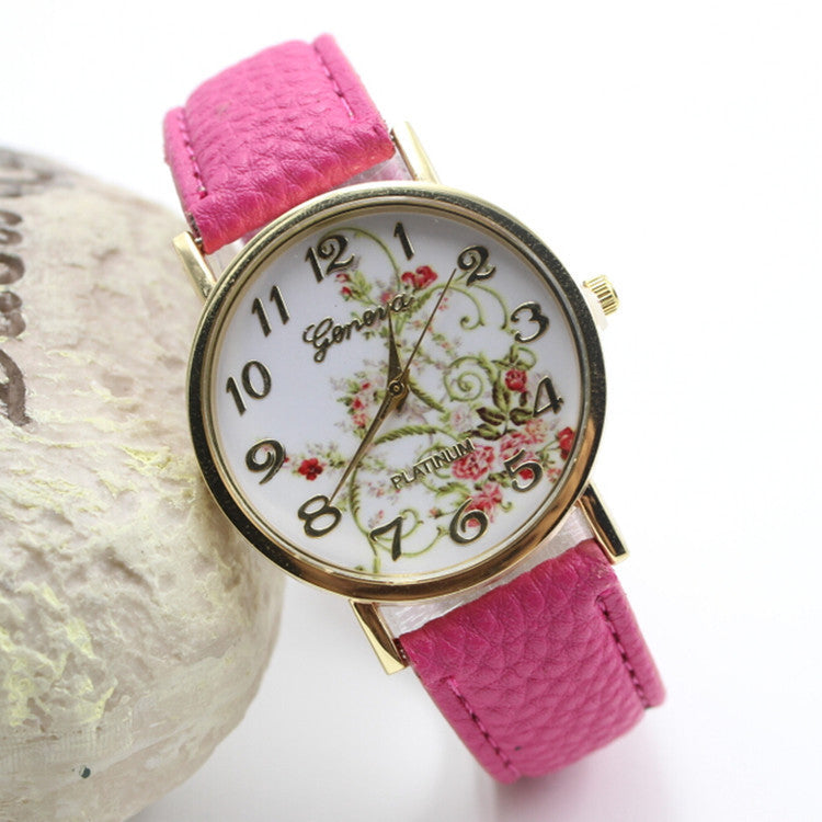 Classic Flower Print Leather Watch