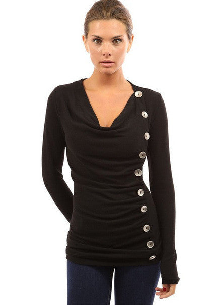 Scoop Long Sleeves Button Sheath Pure Color Blouse